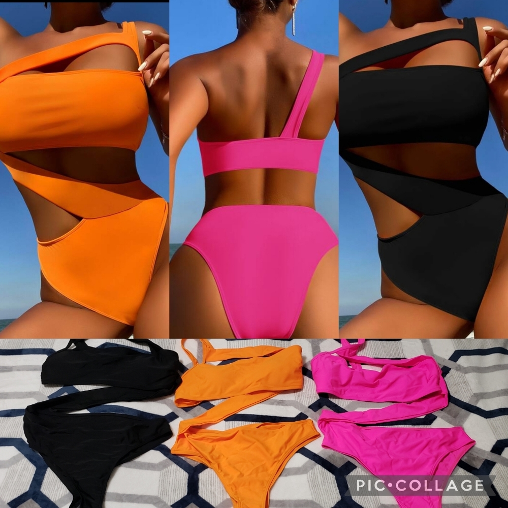 🎀Lot of 3 Shein Cut Out One Shoulder One Piece Swimsuit BLACK ORANGE HOT PINK M